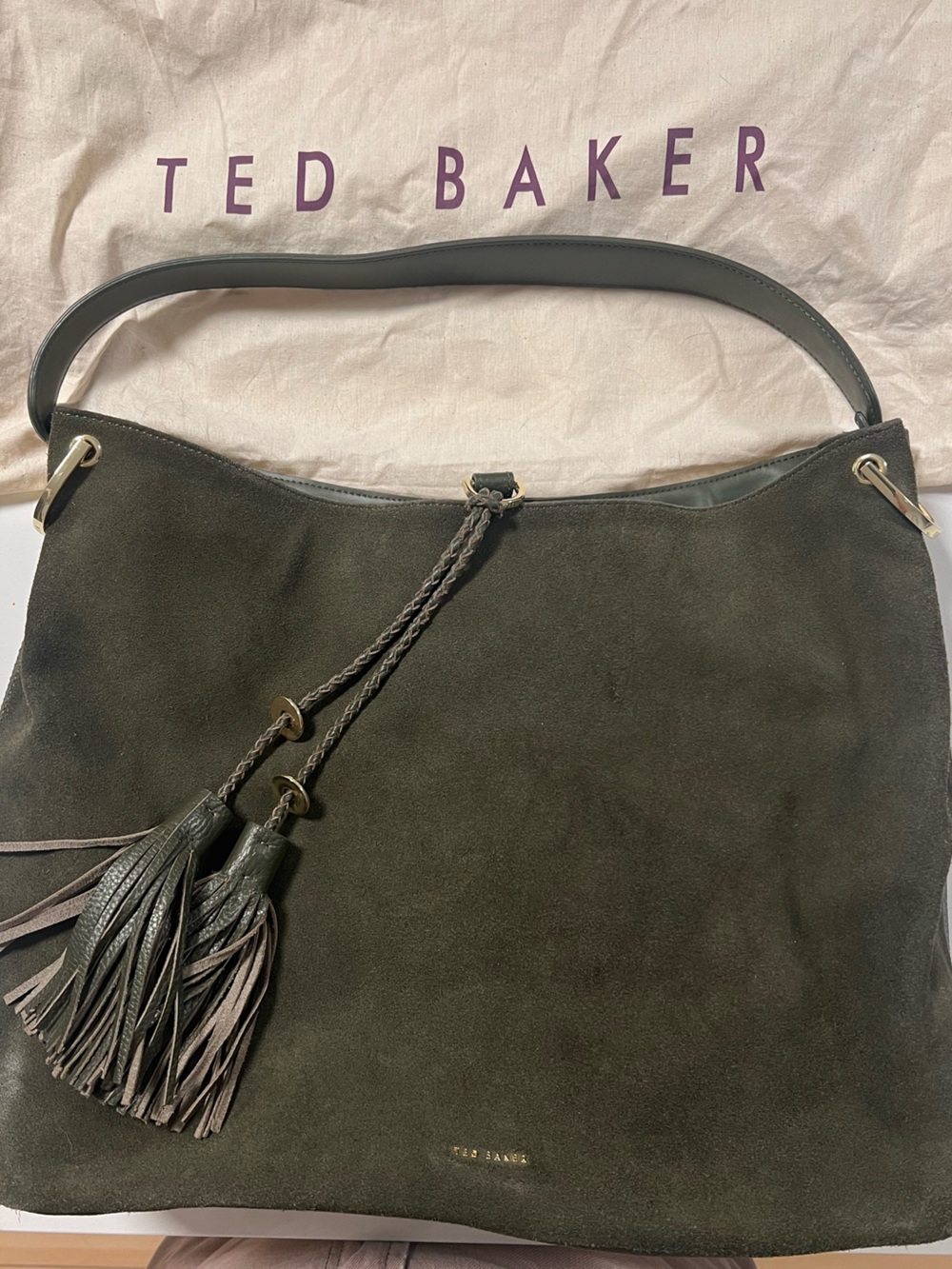 Ted Baker Olive Green Suede Shoulder Bag with Tassels